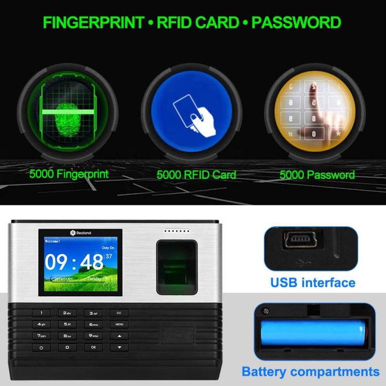 Realand AL355+ Fingerprint Time Attendance with 2.8 inch Color Screen & ID Card Function & WiFi & Access Control Function - Attendance System by Realand | Online Shopping UK | buy2fix