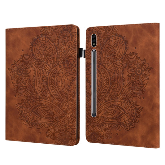 For Samsung Galaxy Tab S8 / Galaxy Tab S7 T875 Peacock Embossed Pattern TPU + PU Horizontal Flip Leather Case with Holder & Card Slots & Wallet(Brown) - Galaxy Tab S8 Cases by buy2fix | Online Shopping UK | buy2fix