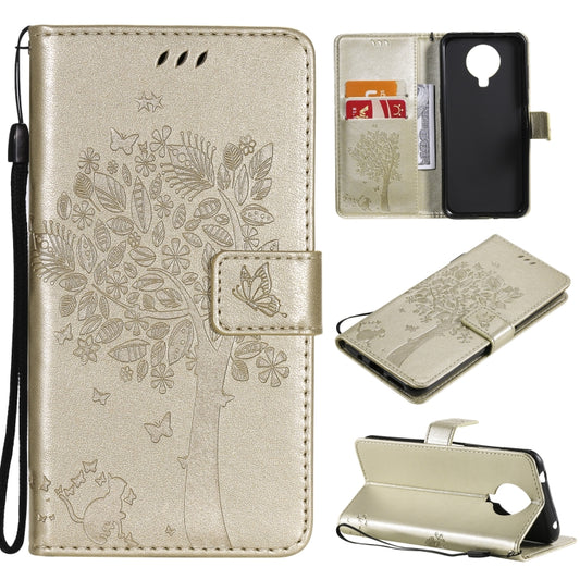 For Nokia G10 Tree & Cat Pattern Pressed Printing Horizontal Flip PU Leather Case with Holder & Card Slots & Wallet & Lanyard(Gold) - Nokia Cases by buy2fix | Online Shopping UK | buy2fix