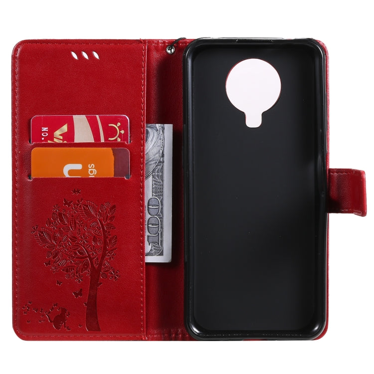 For Nokia G10 Tree & Cat Pattern Pressed Printing Horizontal Flip PU Leather Case with Holder & Card Slots & Wallet & Lanyard(Red) - Nokia Cases by buy2fix | Online Shopping UK | buy2fix