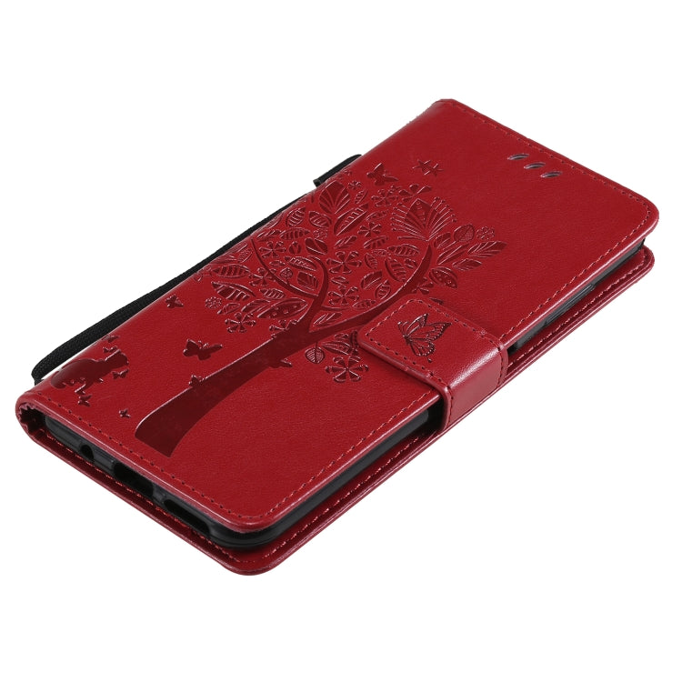 For Nokia G10 Tree & Cat Pattern Pressed Printing Horizontal Flip PU Leather Case with Holder & Card Slots & Wallet & Lanyard(Red) - Nokia Cases by buy2fix | Online Shopping UK | buy2fix