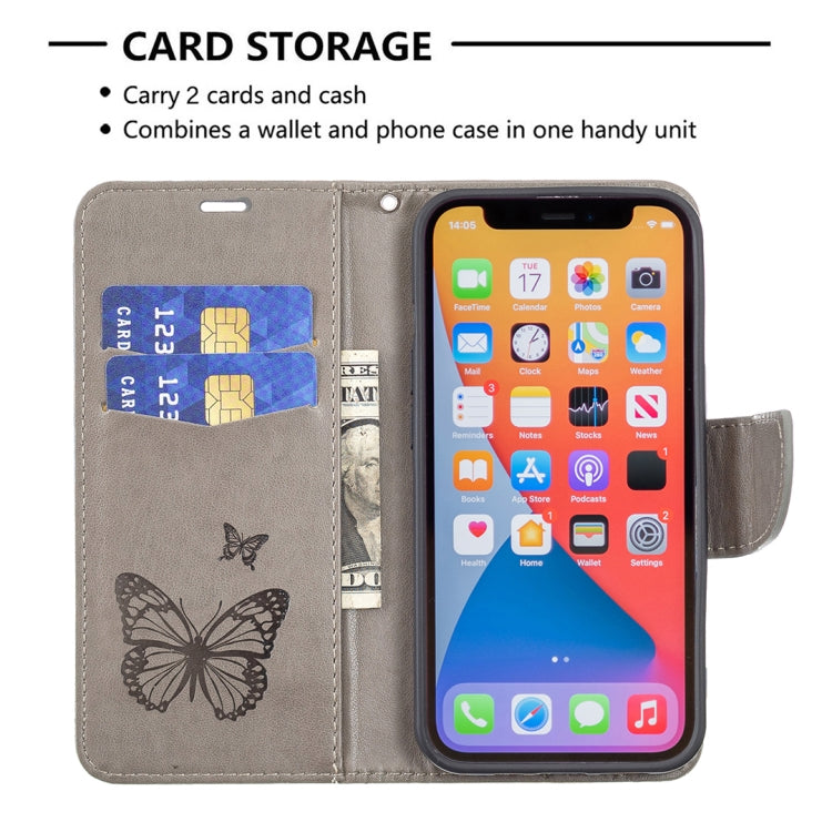 For iPhone 13 mini Embossing Two Butterflies Pattern Horizontal Flip PU Leather Case with Holder & Card Slot & Wallet & Lanyard (Grey) - iPhone 13 mini Cases by buy2fix | Online Shopping UK | buy2fix