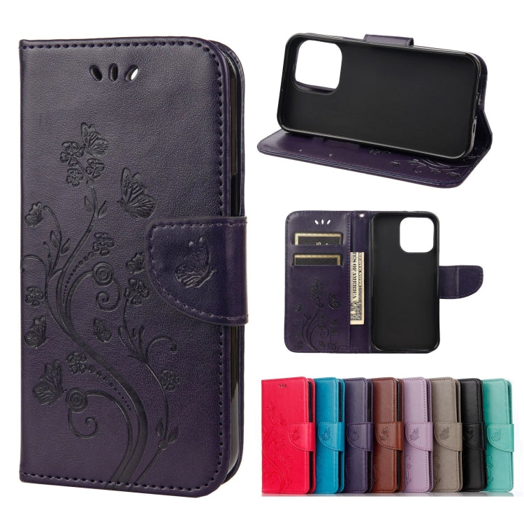 For iPhone 13 Pro Butterfly Flower Pattern Horizontal Flip Leather Case with Holder & Card Slots & Wallet (Deep Purple) - iPhone 13 Pro Cases by buy2fix | Online Shopping UK | buy2fix