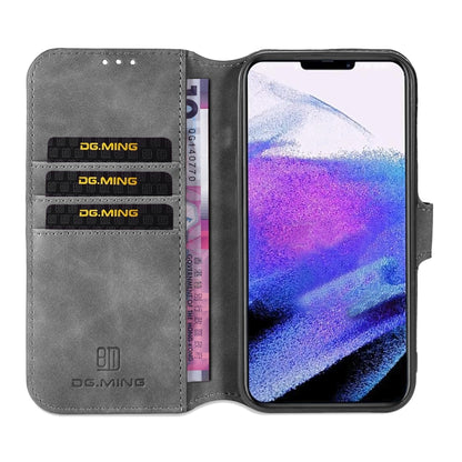 For iPhone 13 Pro DG.MING Retro Oil Side Horizontal Flip Leather Case with Holder & Card Slots & Wallet (Grey) - iPhone 13 Pro Cases by DG.MING | Online Shopping UK | buy2fix