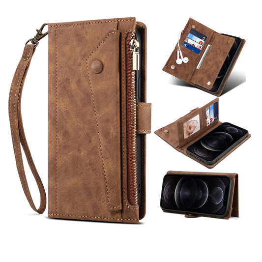 For iPhone 13 Pro Retro Frosted Horizontal Flip Leather Case with Holder & Card Slot & Wallet & Zipper Pocket & Lanyard (Brown) - iPhone 13 Pro Cases by buy2fix | Online Shopping UK | buy2fix