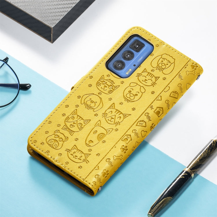 For Motorola Edge 20 Pro Lovely Cat and Dog Embossing Pattern Horizontal Flip Leather Case , with Holder & Card Slots & Wallet & Cartoon Clasp & Lanyard(Yellow) - Motorola Cases by buy2fix | Online Shopping UK | buy2fix