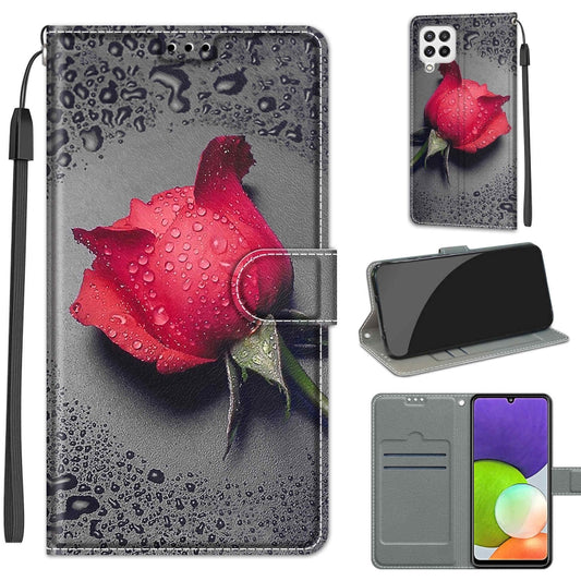 Voltage Coloured Drawing Magnetic Clasp Horizontal Flip PU Leather Case with Holder & Card Slots For Samsung Galaxy A22 4G(C14 Black Water Drop Rose) - Galaxy Phone Cases by buy2fix | Online Shopping UK | buy2fix