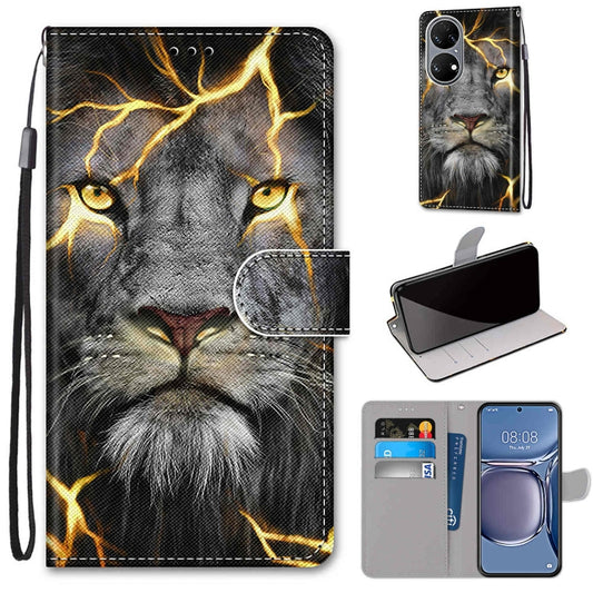 For Huawei P50 Coloured Drawing Cross Texture Horizontal Flip PU Leather Case with Holder & Card Slots & Wallet & Lanyard(Fission Lion) - Huawei Cases by buy2fix | Online Shopping UK | buy2fix