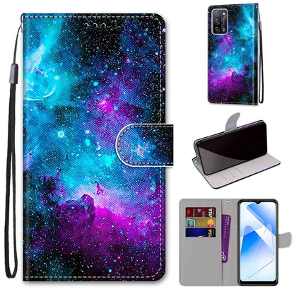 For OPPO A54 4G / A16 4G / A53s 5G / A55 5G Coloured Drawing Cross Texture Horizontal Flip PU Leather Case with Holder & Card Slots & Wallet & Lanyard(Purple Green Starry Sky) - OPPO Cases by buy2fix | Online Shopping UK | buy2fix