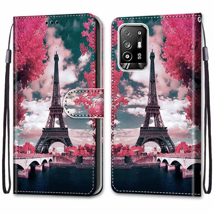 For OPPO F19 Pro+ 5G / A94 5G / A95 5G Coloured Drawing Cross Texture Horizontal Flip PU Leather Case with Holder & Card Slots & Wallet & Lanyard(Pink Flower Tower Bridge) - OPPO Cases by buy2fix | Online Shopping UK | buy2fix