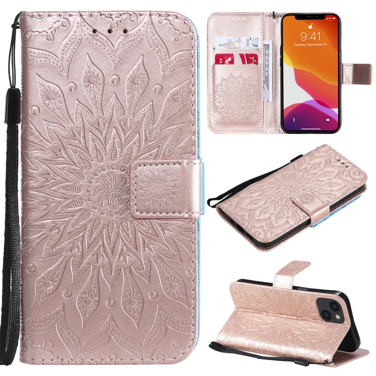 For iPhone 13 Pressed Printing Sunflower Pattern Horizontal Flip PU Leather Case Holder & Card Slots & Wallet & Lanyard(Rose Gold) - iPhone 13 Cases by buy2fix | Online Shopping UK | buy2fix