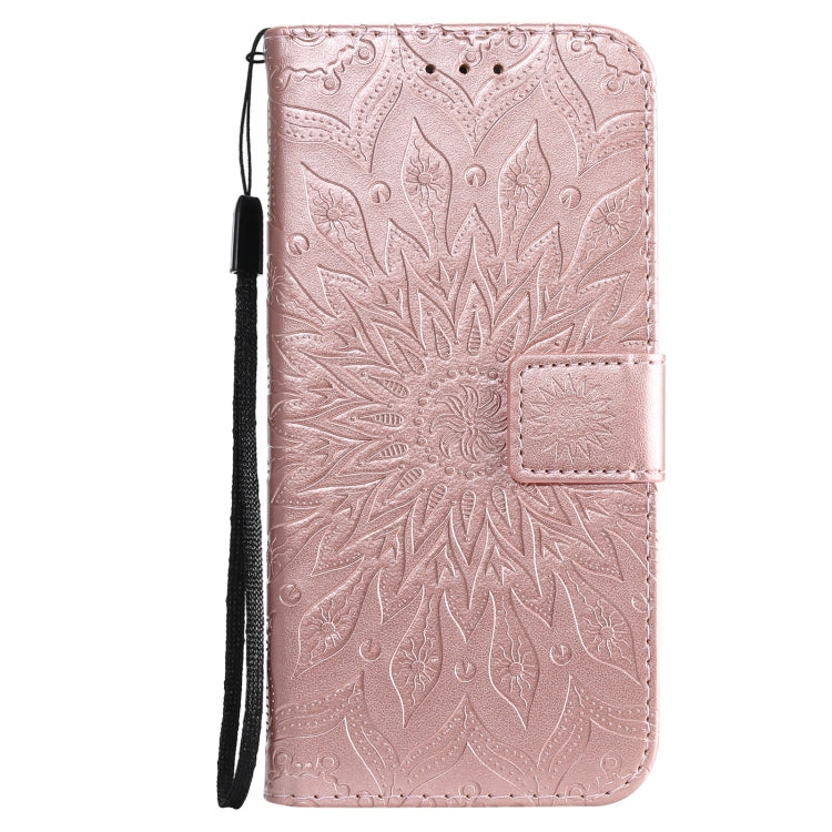 For iPhone 13 Pressed Printing Sunflower Pattern Horizontal Flip PU Leather Case Holder & Card Slots & Wallet & Lanyard(Rose Gold) - iPhone 13 Cases by buy2fix | Online Shopping UK | buy2fix