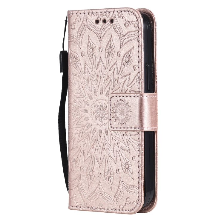 For iPhone 13 Pressed Printing Sunflower Pattern Horizontal Flip PU Leather Case Holder & Card Slots & Wallet & Lanyard(Rose Gold) - iPhone 13 Cases by buy2fix | Online Shopping UK | buy2fix