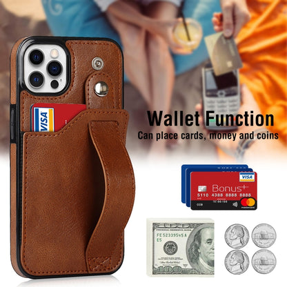 For iPhone 12 / 12 Pro Crazy Horse Texture Shockproof TPU + PU Leather Case with Card Slot & Wrist Strap Holder(Brown) - iPhone 12 / 12 Pro Cases by buy2fix | Online Shopping UK | buy2fix