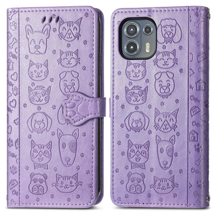 For Motorola Moto Edge 20 Lite Lovely Cat and Dog Embossing Pattern Horizontal Flip Leather Case , with Holder & Card Slots & Wallet & Cartoon Clasp & Lanyard(Purple) - Motorola Cases by buy2fix | Online Shopping UK | buy2fix