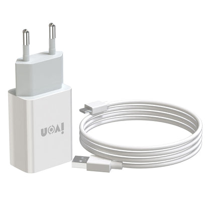 IVON AD-33 2 in 1 2.1A Single USB Port Travel Charger + 1m USB to USB-C / Type-C Data Cable Set, EU Plug(White) - USB Charger by IVON | Online Shopping UK | buy2fix