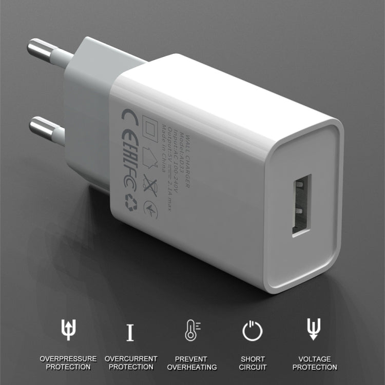 IVON AD-33 2 in 1 2.1A Single USB Port Travel Charger + 1m USB to USB-C / Type-C Data Cable Set, EU Plug(White) - USB Charger by IVON | Online Shopping UK | buy2fix