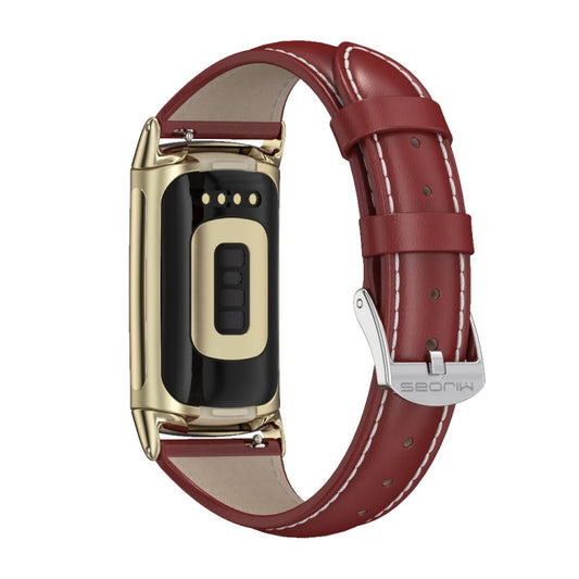 For Fitbit Charge5 Mijobs Genuine Leather Slim Watch Band(Red+Gold) - Watch Bands by MIJOBS | Online Shopping UK | buy2fix