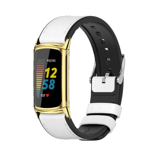 For Fitbit Charge5 Mijobs TPU + Leather Watch Band(White+Gold) - Watch Bands by MIJOBS | Online Shopping UK | buy2fix