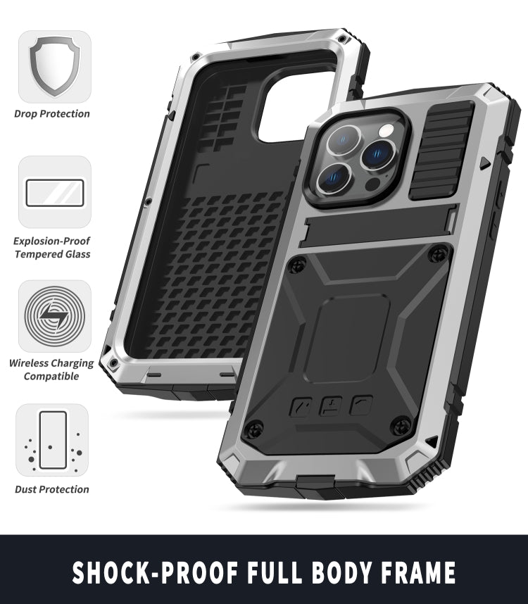 For iPhone 14 Pro Max R-JUST Shockproof Waterproof Dust-proof Case with Holder (Silver) - iPhone 14 Pro Max Cases by R-JUST | Online Shopping UK | buy2fix