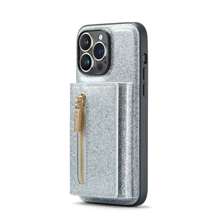 For iPhone 14 Pro DG.MING M3 Series Glitter Powder Card Bag Leather Case(Silver) - iPhone 14 Pro Cases by DG.MING | Online Shopping UK | buy2fix