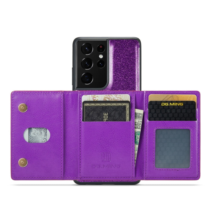 For Samsung Galaxy S21 Ultra 5G DG.MING M3 Series Glitter Powder Card Bag Leather Case(Dark Purple) - Galaxy Phone Cases by DG.MING | Online Shopping UK | buy2fix