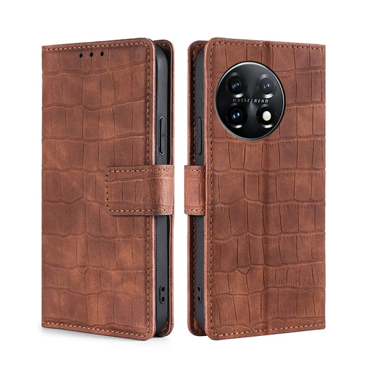 For OnePlus 11 Skin Feel Crocodile Magnetic Clasp Leather Phone Case(Brown) - OnePlus Cases by buy2fix | Online Shopping UK | buy2fix