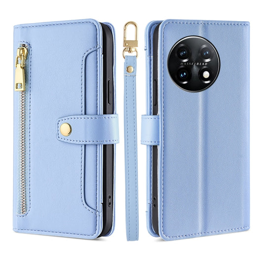 For OnePlus 11 Sheep Texture Cross-body Zipper Wallet Leather Phone Case(Blue) - OnePlus Cases by buy2fix | Online Shopping UK | buy2fix