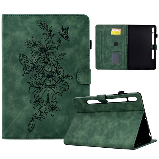 For Samsung Galaxy Tab S7 / S8 Peony Butterfly Embossed Leather Smart Tablet Case(Green) - Galaxy Tab S7 by buy2fix | Online Shopping UK | buy2fix