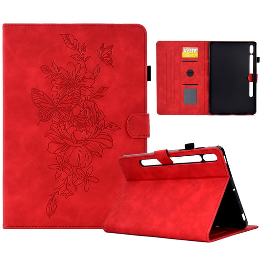 For Samsung Galaxy Tab S7 / S8 Peony Butterfly Embossed Leather Smart Tablet Case(Red) - Galaxy Tab S7 by buy2fix | Online Shopping UK | buy2fix