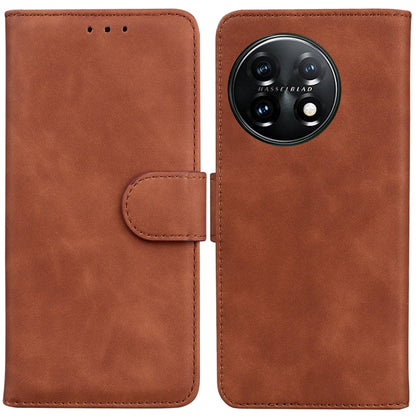 For OnePlus 11 Skin Feel Pure Color Flip Leather Phone Case(Brown) - OnePlus Cases by buy2fix | Online Shopping UK | buy2fix