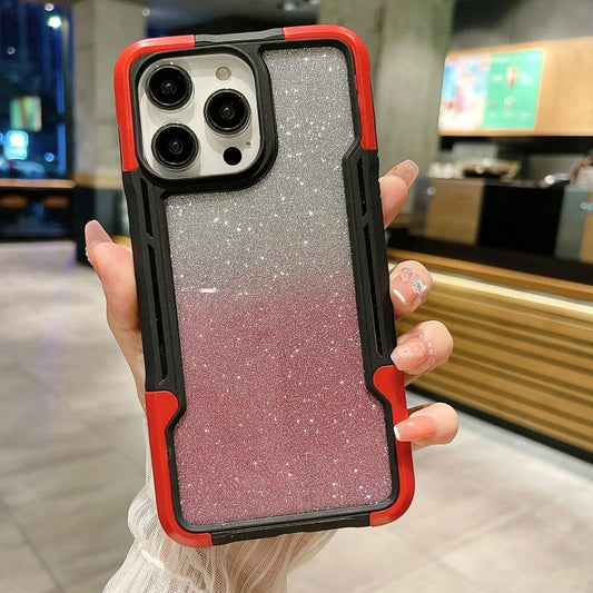 For iPhone 14 Pro Armor Acrylic 3 in 1 Gradient Glitter Powder Phone Case(Red) - iPhone 14 Pro Cases by buy2fix | Online Shopping UK | buy2fix