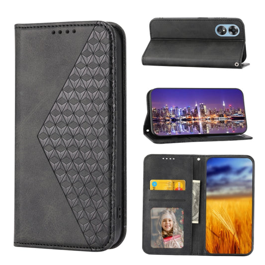 For OPPO Reno8 T 4G Global Cubic Grid Calf Texture Magnetic Leather Phone Case(Black) - OPPO Cases by buy2fix | Online Shopping UK | buy2fix