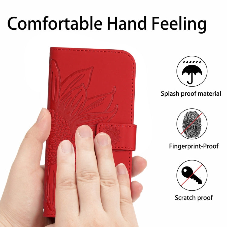 For Xiaomi Redmi 13C 4G Skin Feel Sun Flower Embossed Flip Leather Phone Case with Lanyard(Red) - 13C Cases by buy2fix | Online Shopping UK | buy2fix