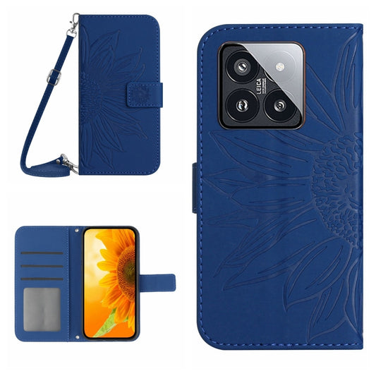 For Xiaomi 14 Skin Feel Sun Flower Embossed Flip Leather Phone Case with Lanyard(Dark Blue) - 14 Cases by buy2fix | Online Shopping UK | buy2fix