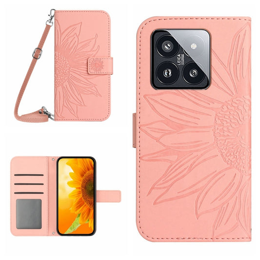 For Xiaomi 14 Skin Feel Sun Flower Embossed Flip Leather Phone Case with Lanyard(Pink) - 14 Cases by buy2fix | Online Shopping UK | buy2fix