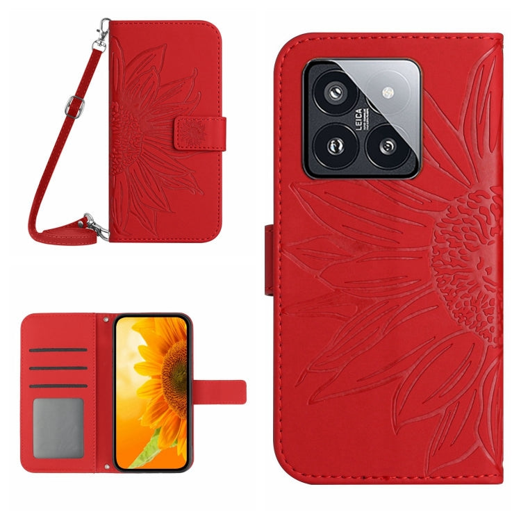 For Xiaomi 14 Pro Skin Feel Sun Flower Embossed Flip Leather Phone Case with Lanyard(Red) - 14 Pro Cases by buy2fix | Online Shopping UK | buy2fix