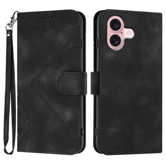 For iPhone 16 Line Pattern Skin Feel Leather Phone Case(Black) - iPhone 16 Cases by buy2fix | Online Shopping UK | buy2fix