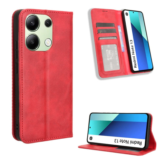 For Xiaomi Redmi Note 13 4G Magnetic Buckle Retro Texture Leather Phone Case(Red) - Note 13 Cases by buy2fix | Online Shopping UK | buy2fix