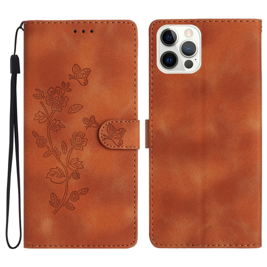 For iPhone 16 Pro Max Flower Butterfly Embossing Pattern Leather Phone Case(Brown) - iPhone 16 Pro Max Cases by buy2fix | Online Shopping UK | buy2fix