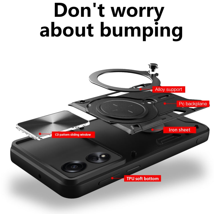 For OPPO A58 4G Global CD Texture Sliding Camshield Magnetic Holder Phone Case(Black) - OPPO Cases by buy2fix | Online Shopping UK | buy2fix
