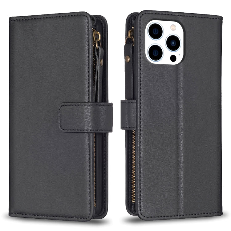 For iPhone 16 Pro 9 Card Slots Zipper Wallet Leather Flip Phone Case(Black) - iPhone 16 Pro Cases by buy2fix | Online Shopping UK | buy2fix