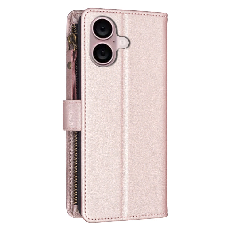 For iPhone 16 Plus 9 Card Slots Zipper Wallet Leather Flip Phone Case(Rose Gold) - iPhone 16 Plus Cases by buy2fix | Online Shopping UK | buy2fix