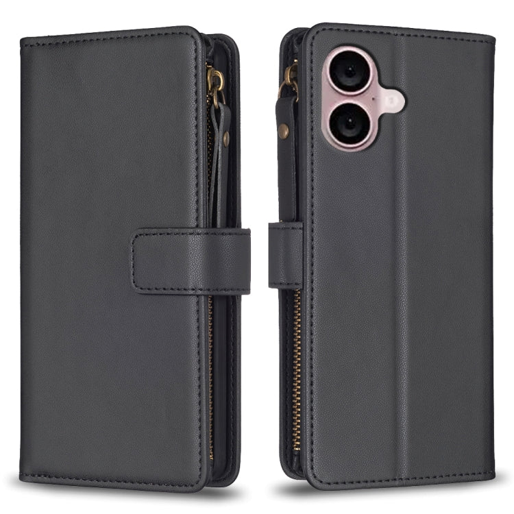 For iPhone 16 9 Card Slots Zipper Wallet Leather Flip Phone Case(Black) - iPhone 16 Cases by buy2fix | Online Shopping UK | buy2fix