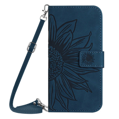 For iPhone 16 Pro Max Skin Feel Sun Flower Embossed Flip Leather Phone Case with Lanyard(Inky Blue) - iPhone 16 Pro Max Cases by buy2fix | Online Shopping UK | buy2fix