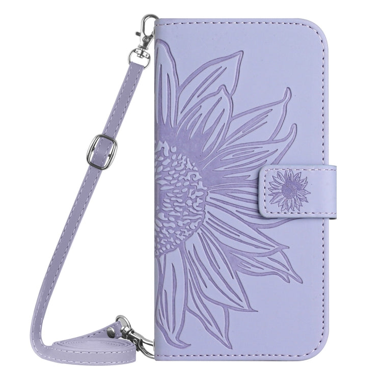 For iPhone 16 Skin Feel Sun Flower Embossed Flip Leather Phone Case with Lanyard(Purple) - iPhone 16 Cases by buy2fix | Online Shopping UK | buy2fix