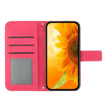 For iPhone 16 Skin Feel Sun Flower Embossed Flip Leather Phone Case with Lanyard(Rose Red) - iPhone 16 Cases by buy2fix | Online Shopping UK | buy2fix