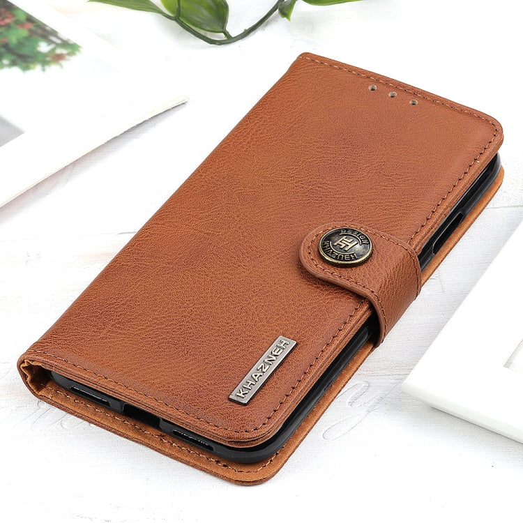 For iPhone 16 KHAZNEH Cowhide Texture Horizontal Flip Leather Phone Case(Brown) - iPhone 16 Cases by buy2fix | Online Shopping UK | buy2fix