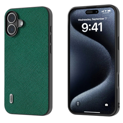 For iPhone 16 ABEEL Cross Texture Genuine Leather Phone Case(Green) - iPhone 16 Cases by buy2fix | Online Shopping UK | buy2fix