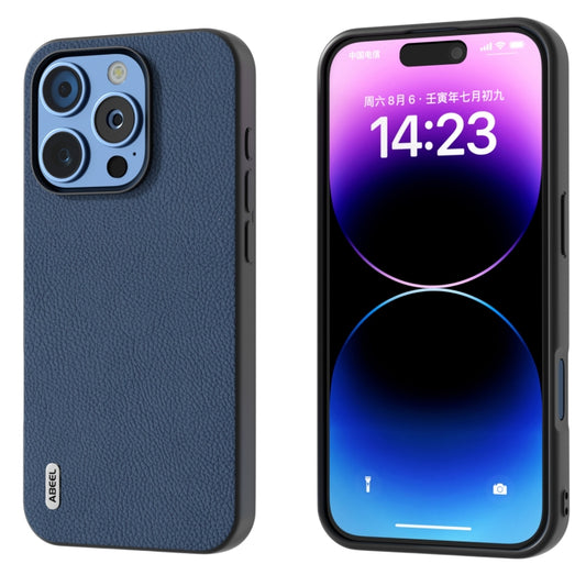 For iPhone 16 Pro ABEEL Genuine Leather + PC Litchi Texture Phone Case(Blue) - iPhone 16 Pro Cases by buy2fix | Online Shopping UK | buy2fix